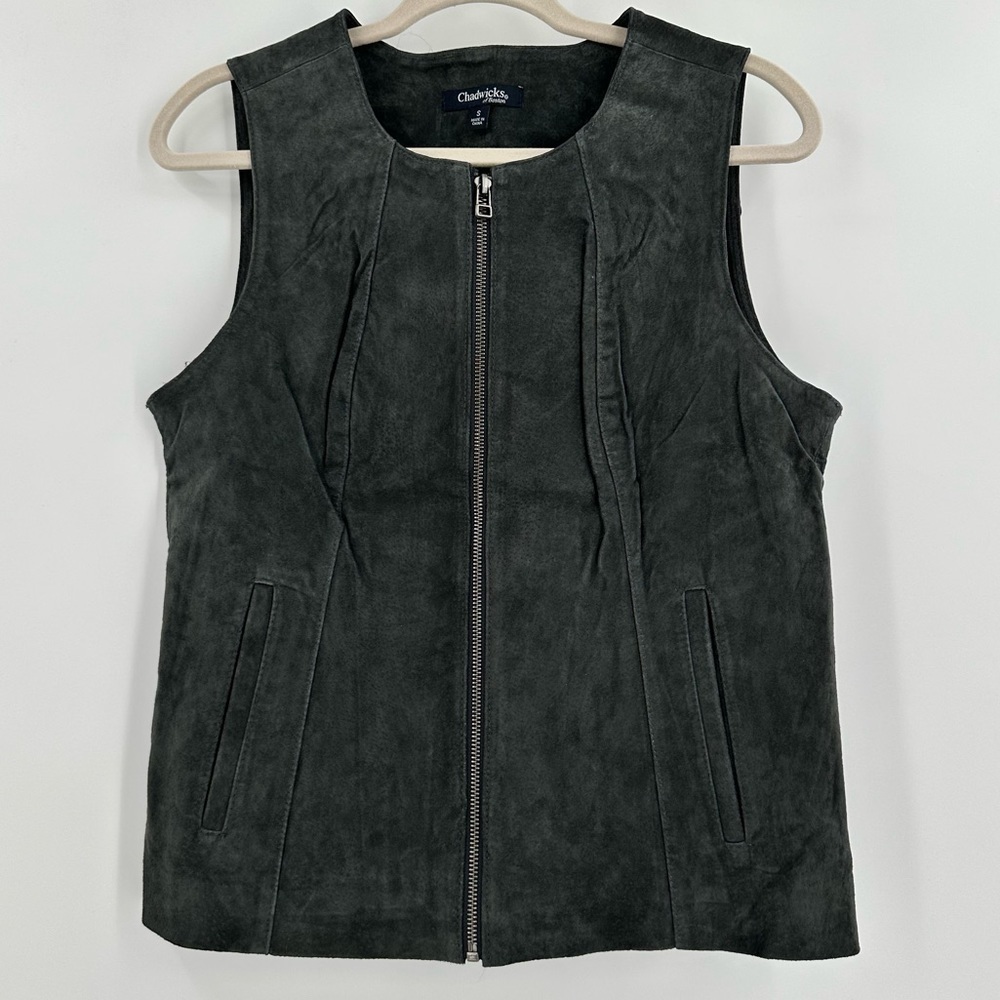 CHADWICKS of Boston 100% Leather Dark Gray Zip Down Lined Vest Size Small
